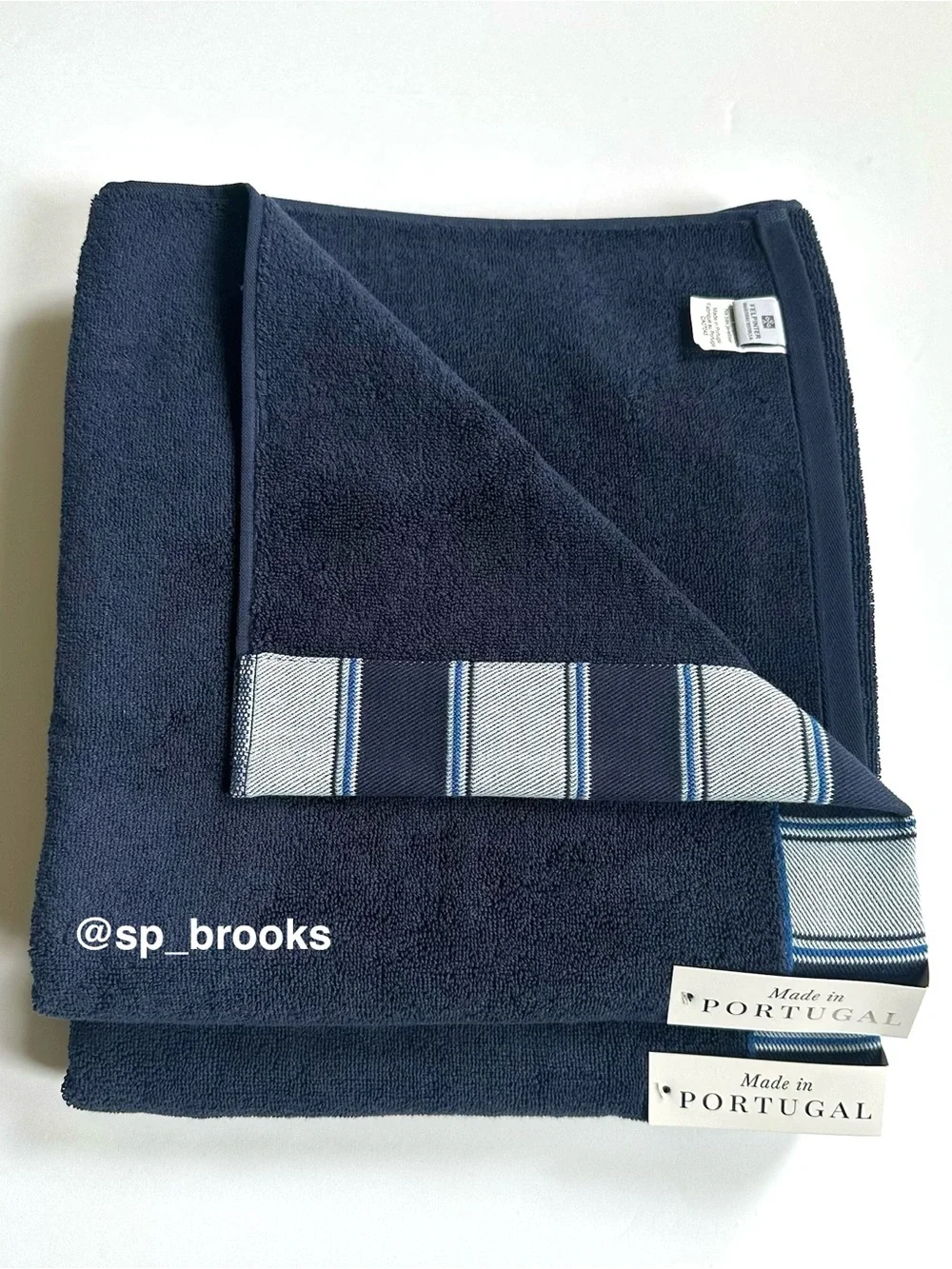 🎁6PC FELPINTER Bath Towel Set - Navy Blue with Woven Striped Piping - Cotton